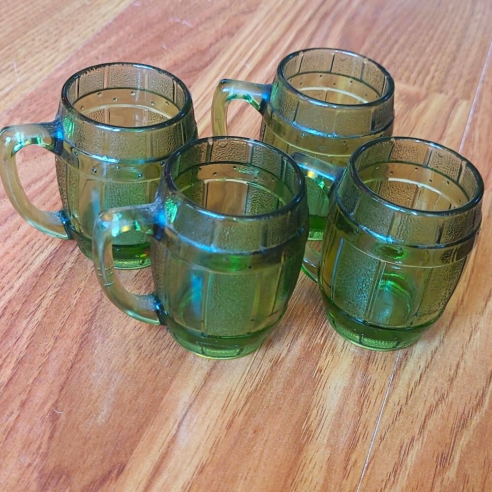 Set Of 4 Green Glass Barrel Pattern Textured Mini Beer Mugs Shot Glasses